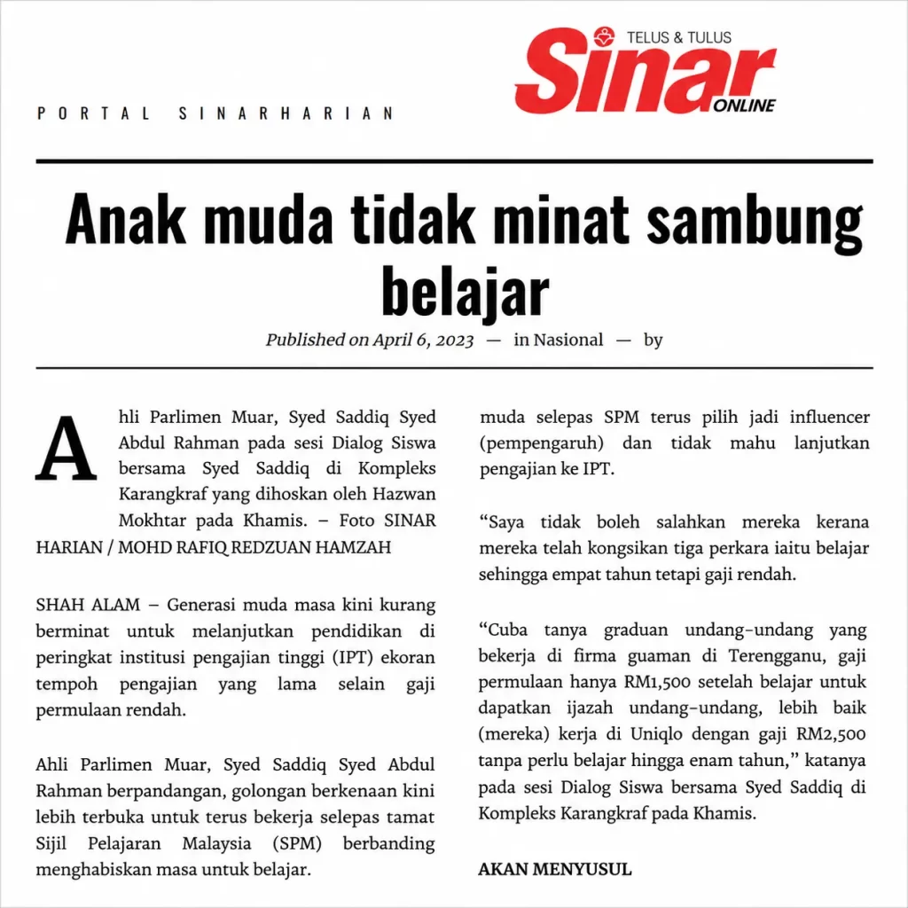 Anak muda tak minat sambung belajar